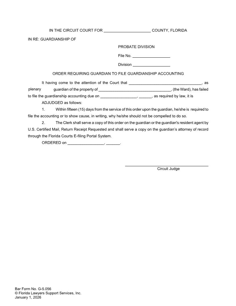 Order Requiring Guardian To File Guardianship Accounting {G-5.056} | Pdf Fpdf Doc Docx | FLSSI Guardianship