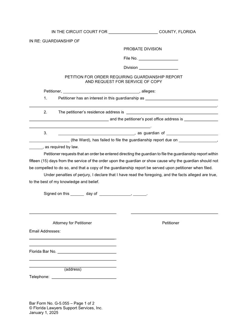 Petition For Order Requiring Guardianship Report Request Service Of Copy {G-5.055} | Pdf Fpdf Doc Docx | FLSSI Guardianship
