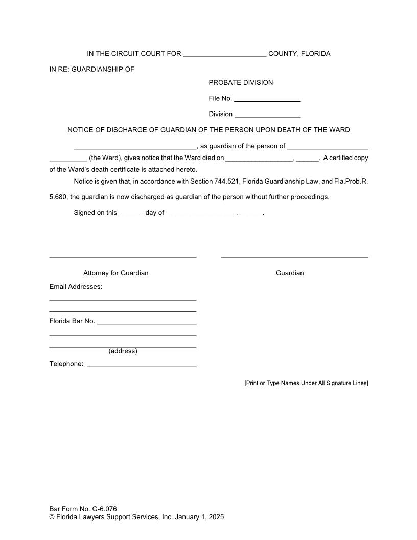 Notice Of Discharge Of Guardian Of Person Upon Death Of Ward {G-6.076} | Pdf Fpdf Doc Docx | FLSSI Guardianship