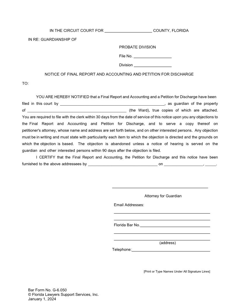 Notice Of Final Report And Accounting And Petition For Discharge {G-6.050} | Pdf Fpdf Doc Docx | FLSSI Guardianship