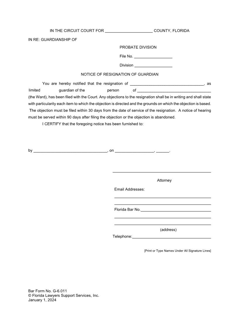Notice Of Resignation Of Guardian {G-6.011} | Pdf Fpdf Doc Docx | FLSSI Guardianship