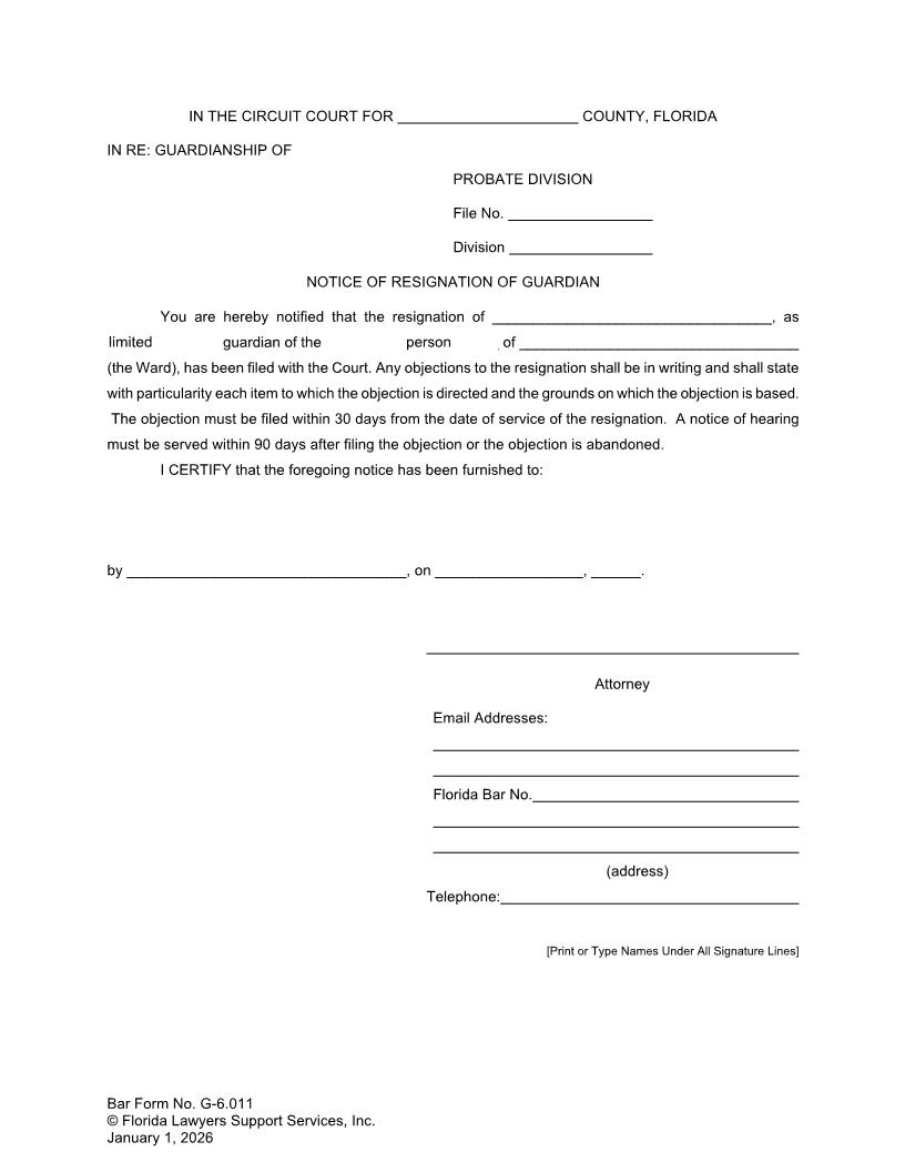Notice Of Resignation Of Guardian {G-6.011} | Pdf Fpdf Doc Docx | FLSSI Guardianship