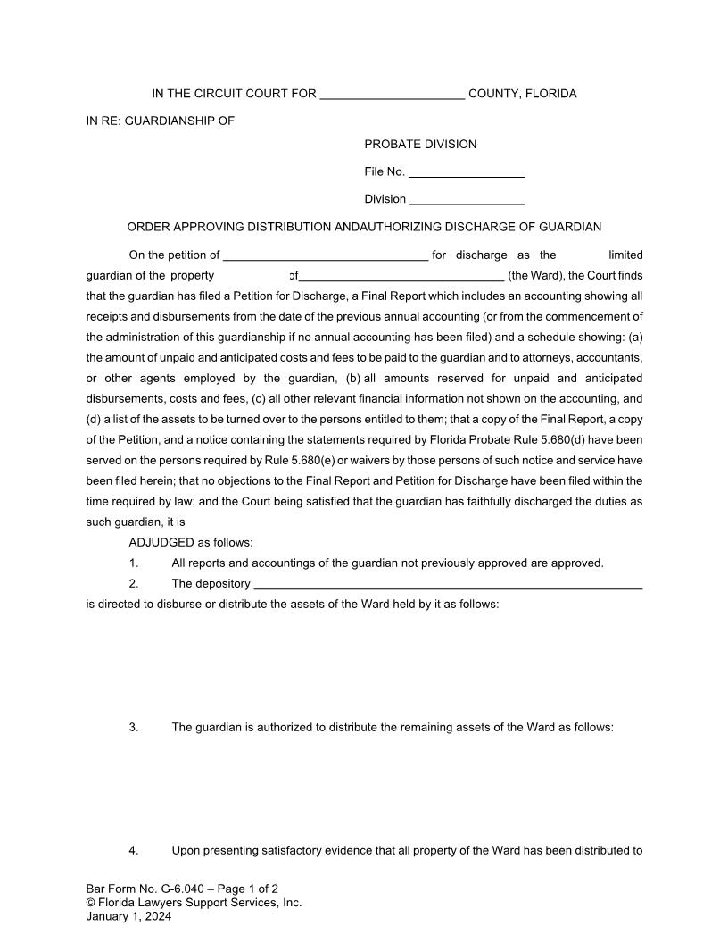 Order Approving Distribution And Authorizing Discharge Of Guardian {G-6.040} | Pdf Fpdf Doc Docx | FLSSI Guardianship
