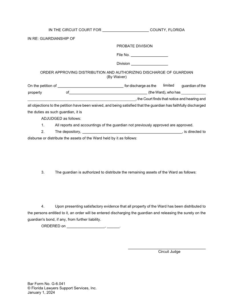 Order Approving Distribution And Authorizing Discharge Of Guardian (By Waiver) {G-6.041} | Pdf Fpdf Doc Docx | FLSSI Guardianship