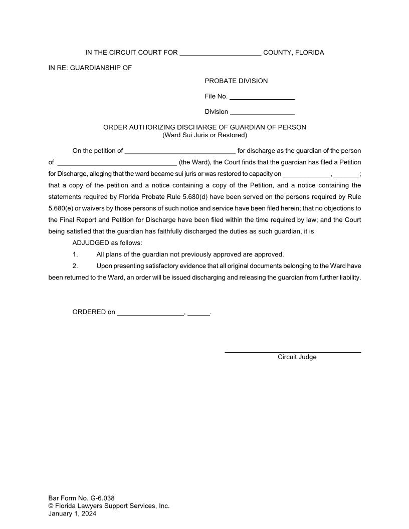 Order Authorizing Discharge Of Guardian Of Person (Sui Juris or Restored) {G-6.038} | Pdf Fpdf Docx | FLSSI Guardianship