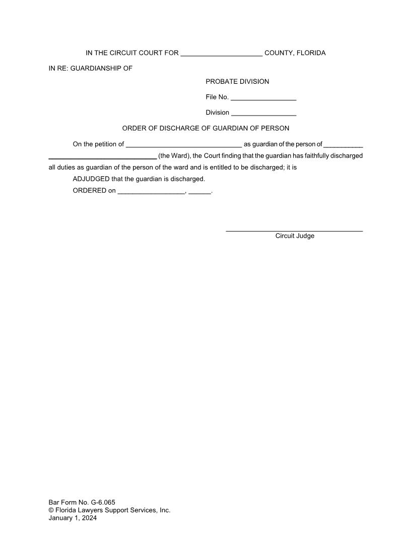 Order Of Discharge Of Guardian Of Person {G-6.065} | Pdf Fpdf Docx | FLSSI Guardianship