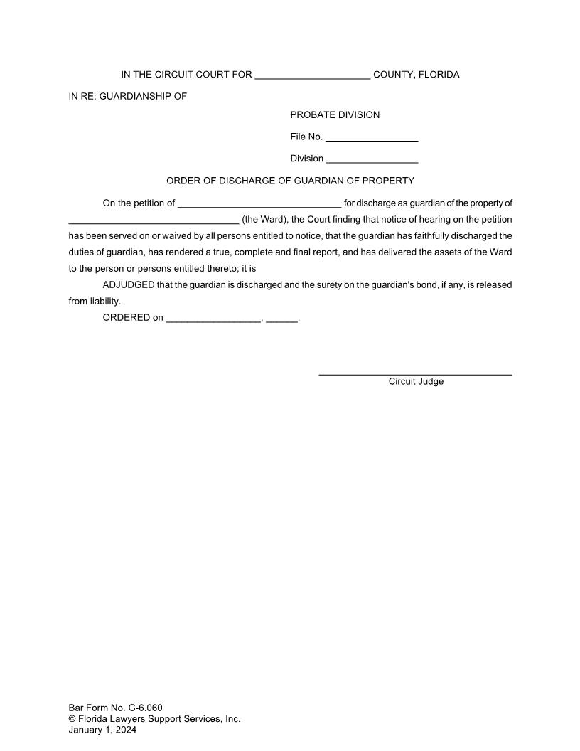 Order Of Discharge Of Guardian Of Property {G-6.060} | Pdf Fpdf Docx | FLSSI Guardianship