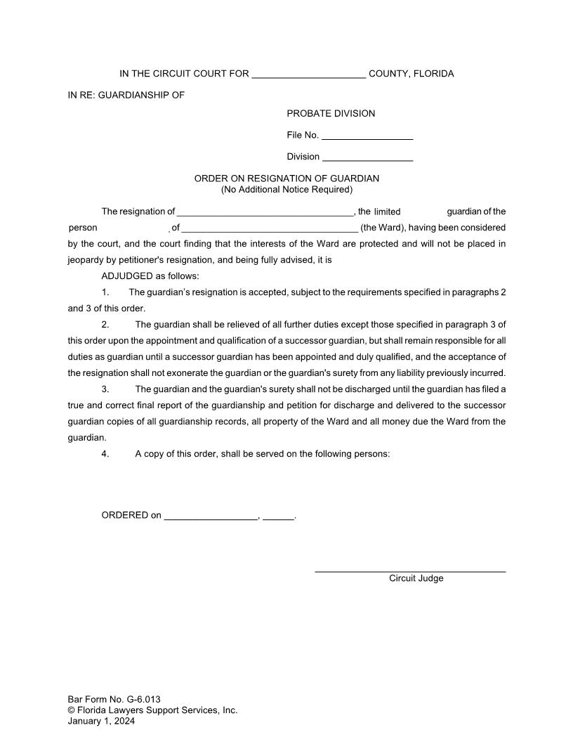 Order On Resignation Of Guardian (No Additional Notice Required) {G-6.013} | Pdf Fpdf Doc Docx | FLSSI Guardianship