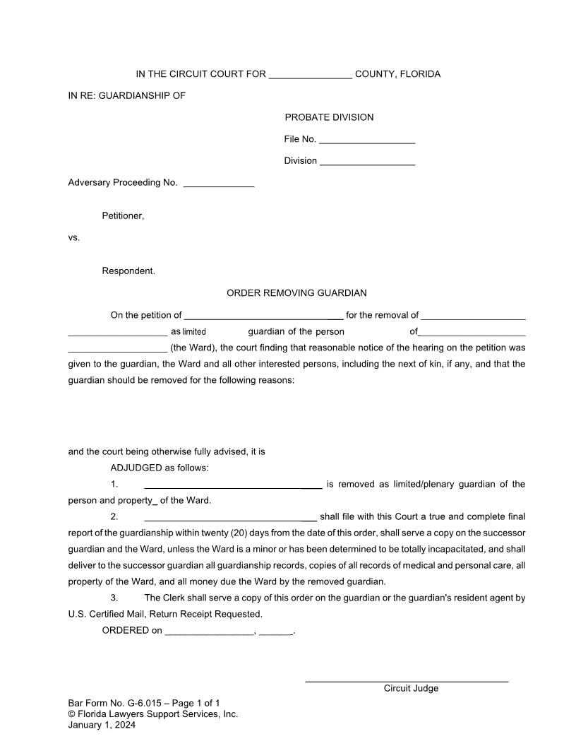 Order Removing Guardian {G-6.015} | Pdf Fpdf Doc Docx | FLSSI Guardianship
