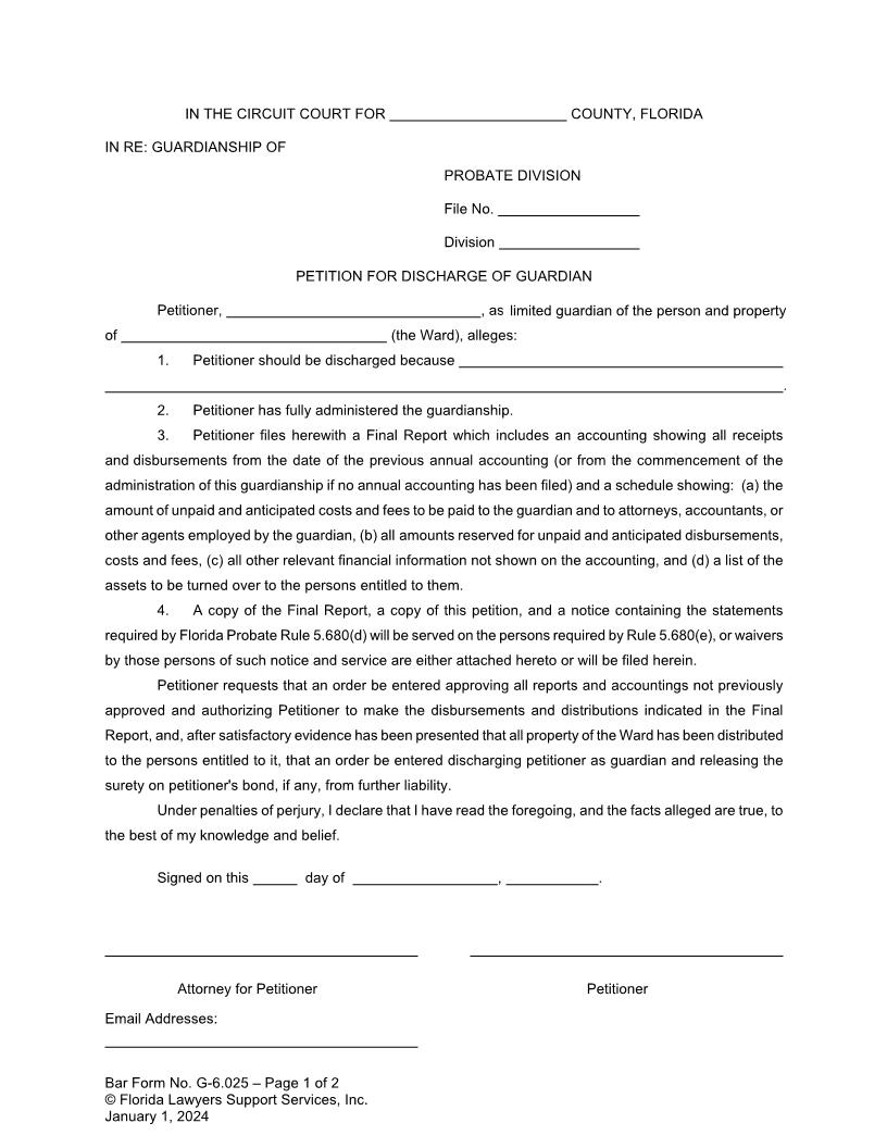 Petition For Discharge Of Guardian {G-6.025} | Pdf Fpdf Doc Docx | FLSSI Guardianship