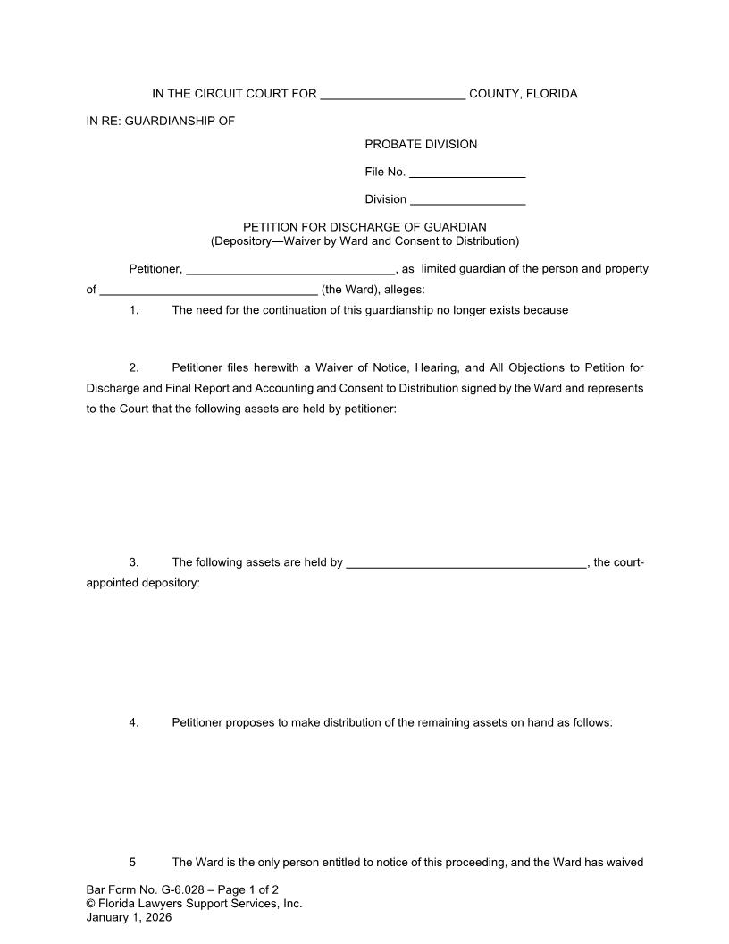 Petition For Discharge Of Guardian (Depository - Waiver By Ward And Consent) {G-6.028} | Pdf Fpdf Doc Docx | FLSSI Guardianship