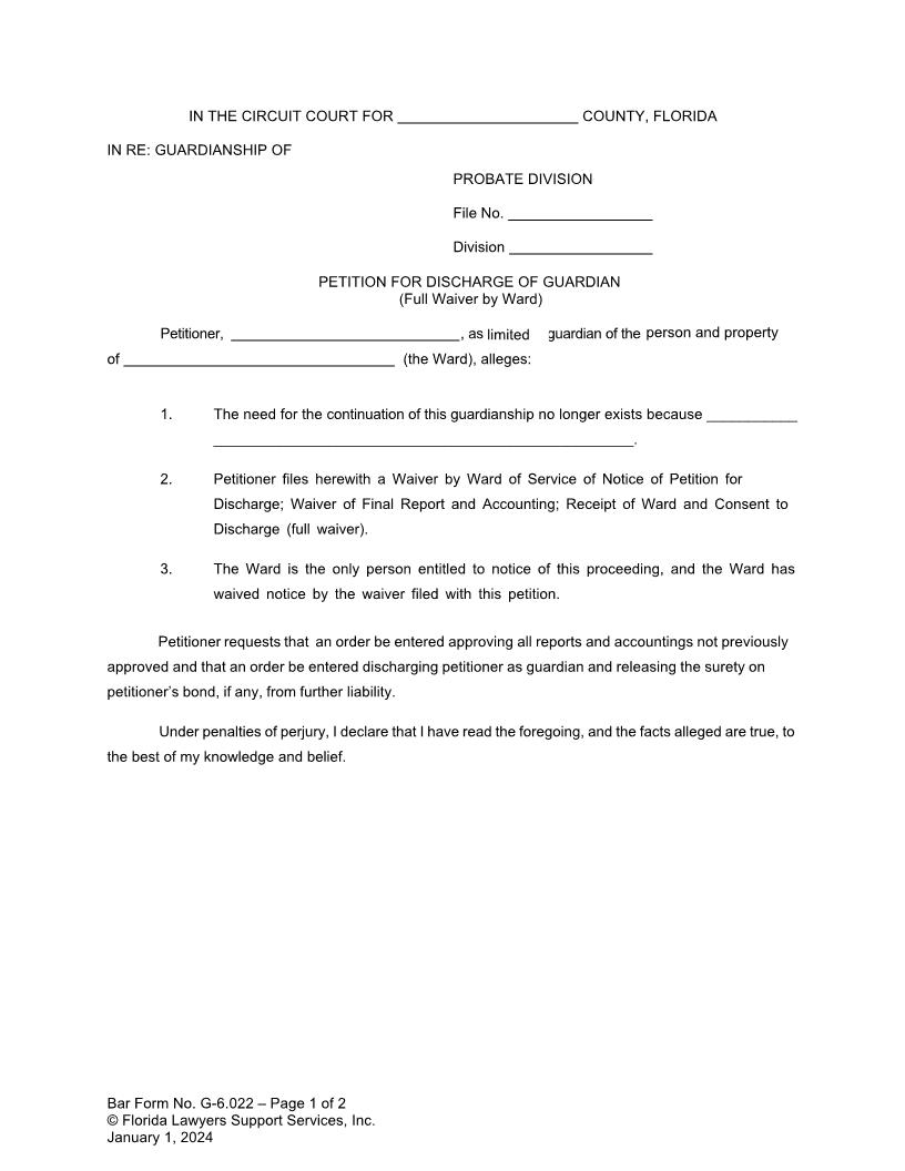 Petition For Discharge Of Guardian (Full Waiver By Ward) {G-6.022} | Pdf Fpdf Docx | FLSSI Guardianship