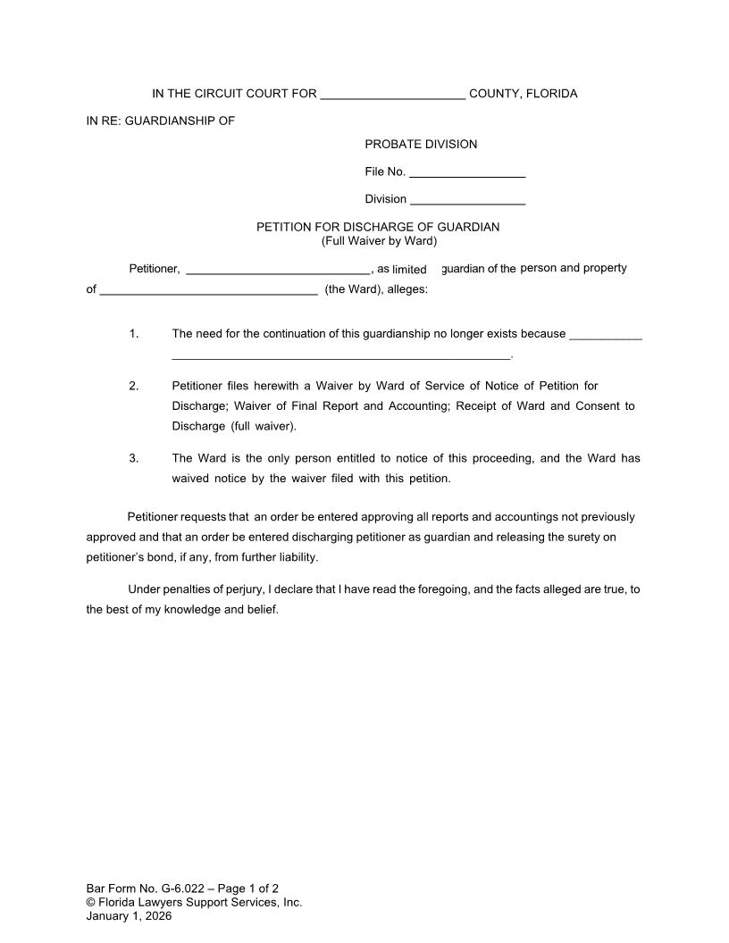 Petition For Discharge Of Guardian (Full Waiver By Ward) {G-6.022} | Pdf Fpdf Docx | FLSSI Guardianship