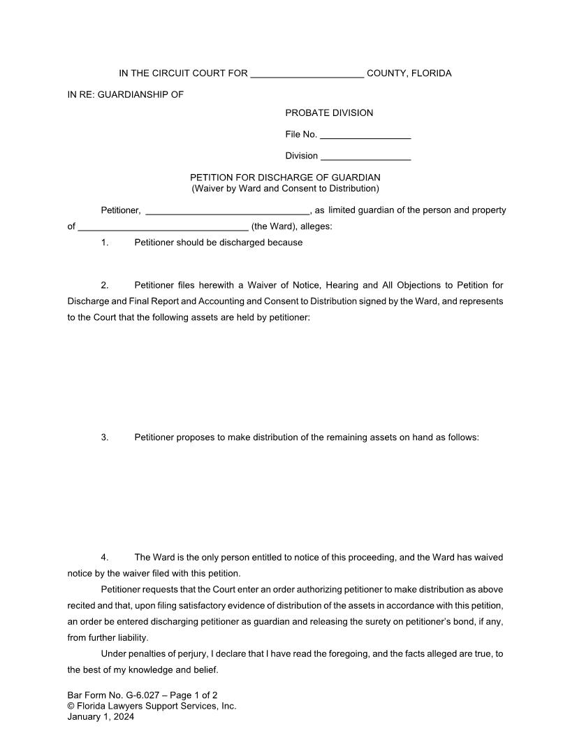 Petition For Discharge Of Guardian (Waiver By Ward Consent To Distribution) {G-6.027} | Pdf Fpdf Doc Docx | FLSSI Guardianship
