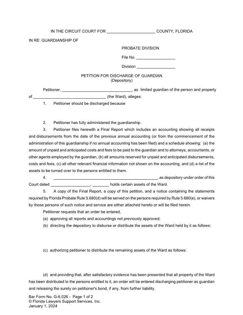 Petition For Discharge Of Guardian Depository {G-6.026} | Pdf Fpdf Doc Docx | FLSSI Guardianship