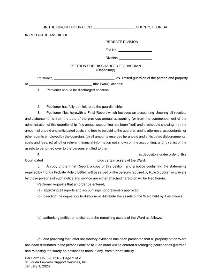 Petition For Discharge Of Guardian Depository {G-6.026} | Pdf Fpdf Doc Docx | FLSSI Guardianship