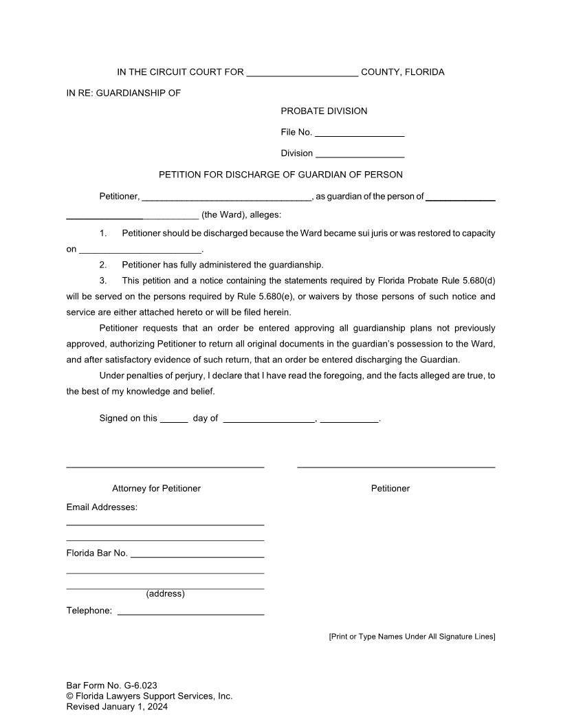 Petition For Discharge Of Guardian Of Person {G-6.023} | Pdf Fpdf Docx | FLSSI Guardianship
