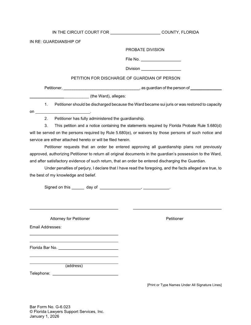 Petition For Discharge Of Guardian Of Person {G-6.023} | Pdf Fpdf Docx | FLSSI Guardianship