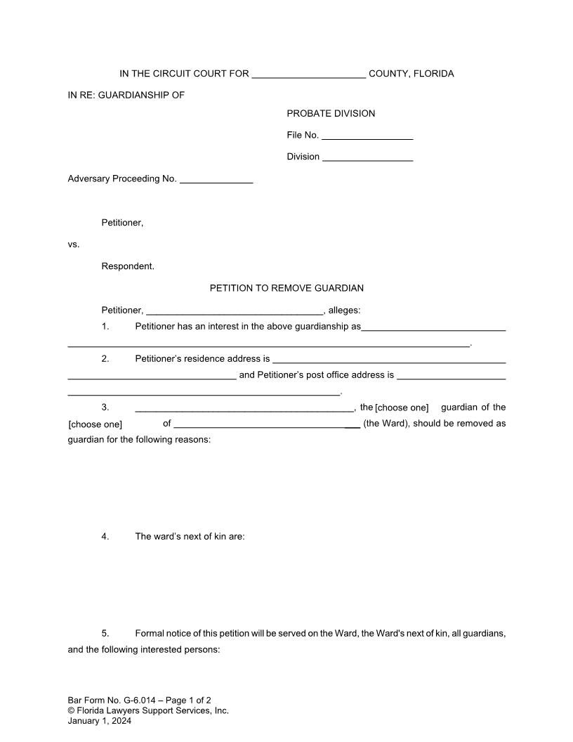 Petition To Remove Guardian {G-6.014} | Pdf Fpdf Doc Docx | FLSSI Guardianship