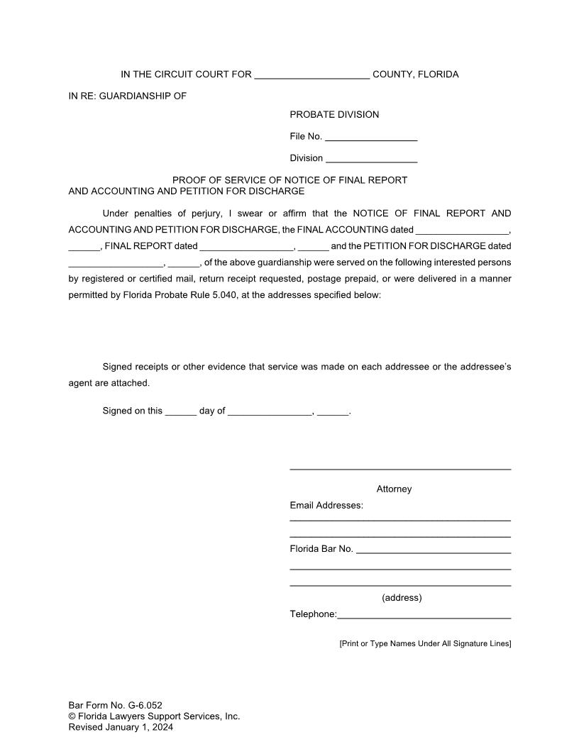 Proof Of Service Notice Final Report Accounting Petition For Discharge {G-6.052} | Pdf Fpdf Docx | FLSSI Guardianship