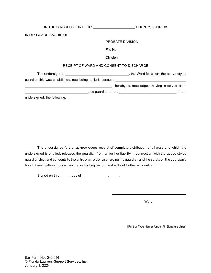Receipt Of Ward And Consent To Discharge {G-6.034} | Pdf Fpdf Doc Docx | FLSSI Guardianship