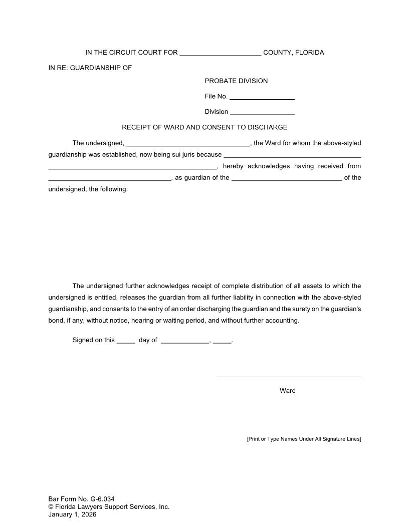 Receipt Of Ward And Consent To Discharge {G-6.034} | Pdf Fpdf Doc Docx | FLSSI Guardianship