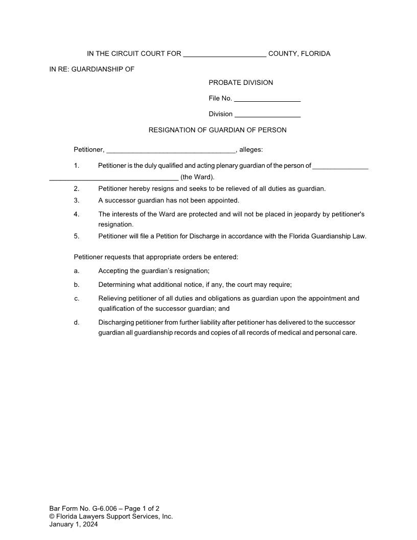 Resignation of Guardian of Person {G-6.006} | Pdf Fpdf Docx | FLSSI Guardianship