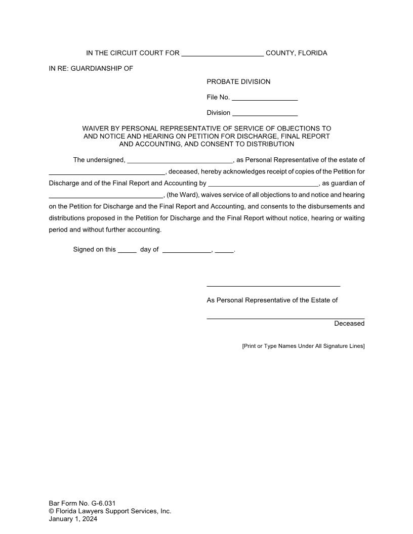 Waiver By Personal Representative Objections Notice Hearing For Discharge Final Report {G-6.031} | Pdf Fpdf Doc Docx | FLSSI Guardianship