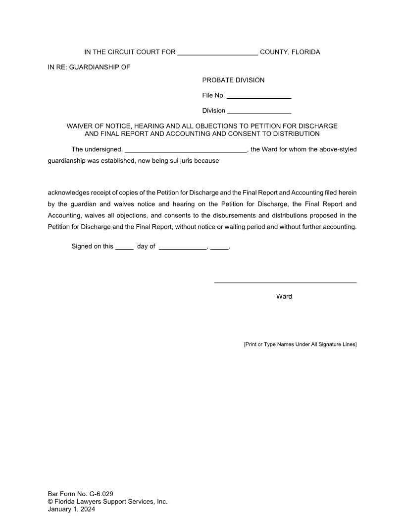 Waiver Of Notice-Hearing-Objections To Petition For Discharge Final Report {G-6.029} | Pdf Fpdf Doc Docx | FLSSI Guardianship