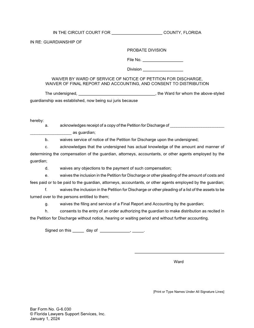 Waiver Of Service Of Notice Of Petition For Discharge And Final Report {G-6.030} | Pdf Fpdf Doc Docx | FLSSI Guardianship
