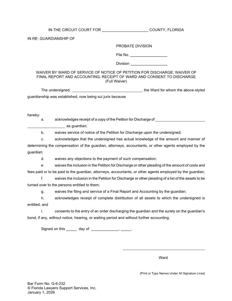 Waiver Service Of Notice-Discharge-Final Report-Receipt Of Ward-Consent To Distribution {G-6.032} | Pdf Fpdf Doc Docx | FLSSI Guardianship