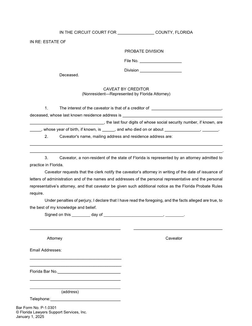 Caveat By Creditor (Nonresident - Represented By Florida Attorney) {P-1.0301} | Pdf Fpdf Doc Docx | FLSSI Probate