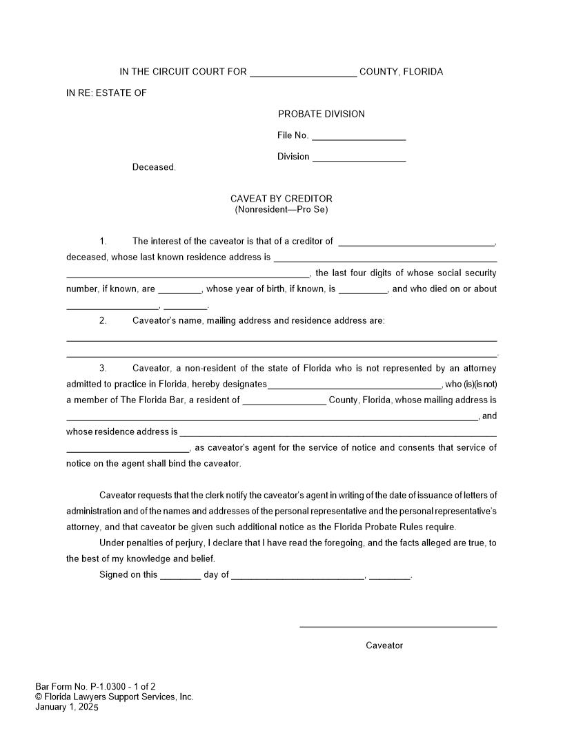 Caveat By Creditor (Nonresident) {P-1.0300} | Pdf Fpdf Doc Docx | FLSSI Probate