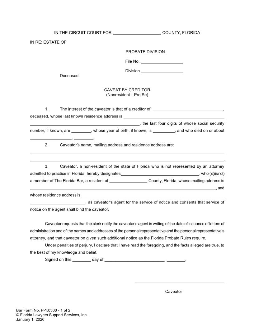 Caveat By Creditor (Nonresident) {P-1.0300} | Pdf Fpdf Doc Docx | FLSSI Probate