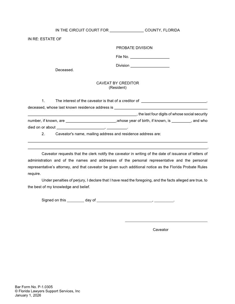 Caveat By Creditor (Resident) {P-1.0305} | Pdf Fpdf Doc Docx | FLSSI Probate