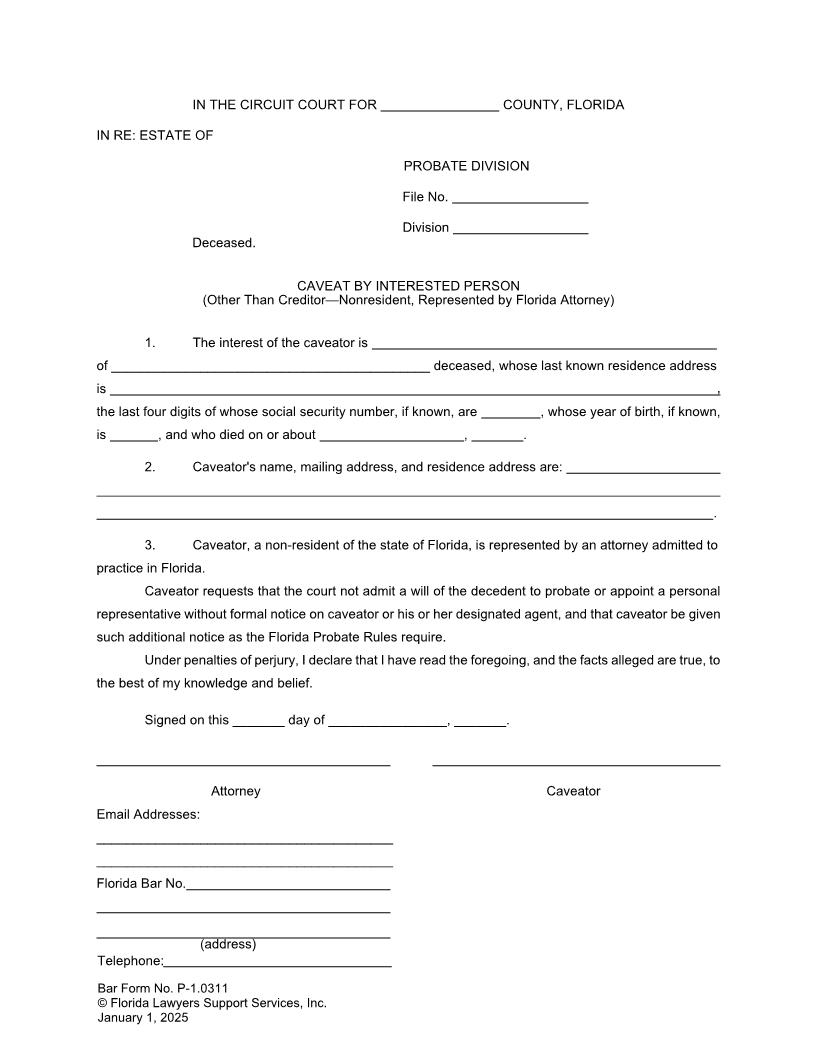 Caveat By Interested Person (Other Than Creditor - Nonresident W-FL Attorney) {P-1.0311} | Pdf Fpdf Doc Docx | FLSSI Probate