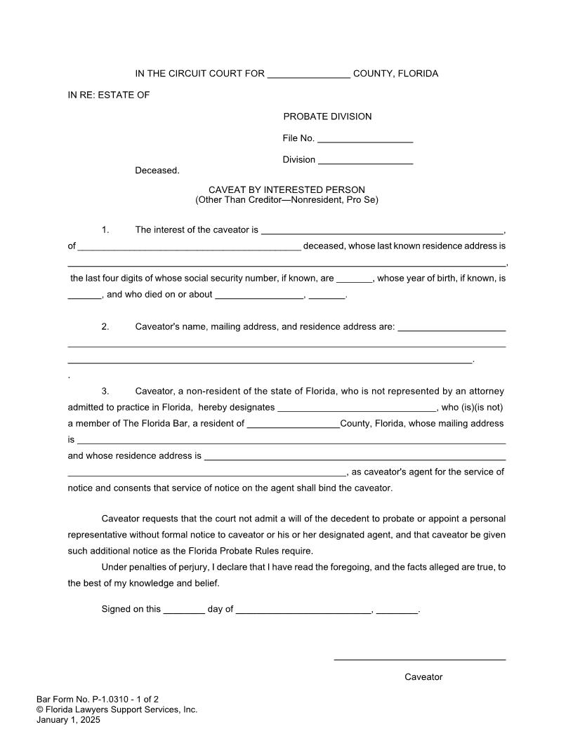 Caveat By Interested Person (Other Than Creditor-Nonresident Pro Se) {P-1.0310} | Pdf Fpdf Doc Docx | FLSSI Probate