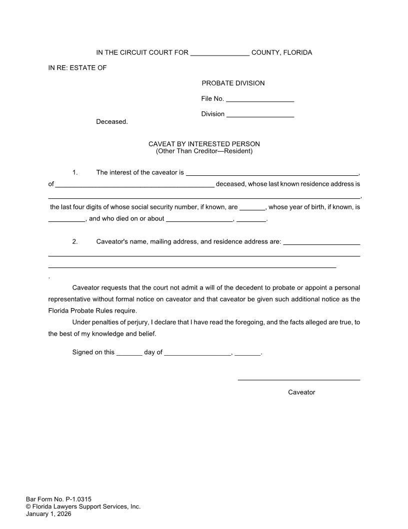 Caveat By Interested Person (Other Than Creditor-Resident) {P-1.0315} | Pdf Fpdf Doc Docx | FLSSI Probate