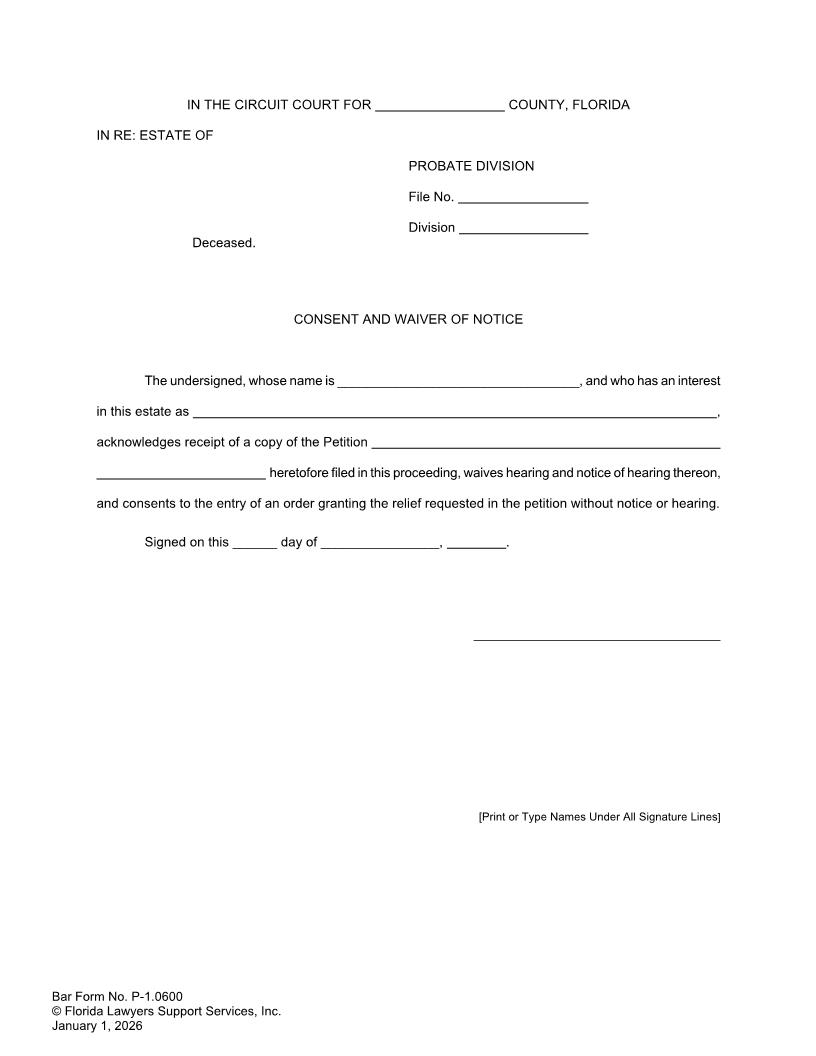 Consent And Waiver Of Notice {P-1.0600} | Pdf Fpdf Doc Docx | FLSSI Probate