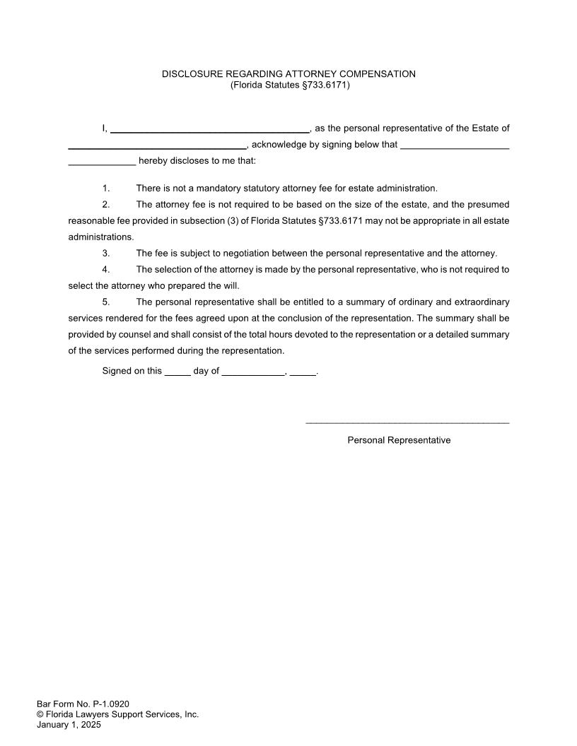Disclosure Regarding Attorney Compensation {P-1.0920} | Pdf Fpdf Docx | FLSSI Probate