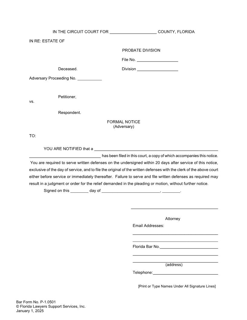 Formal Notice Adversary {P-1.0501} | Pdf Fpdf Doc Docx | FLSSI Probate