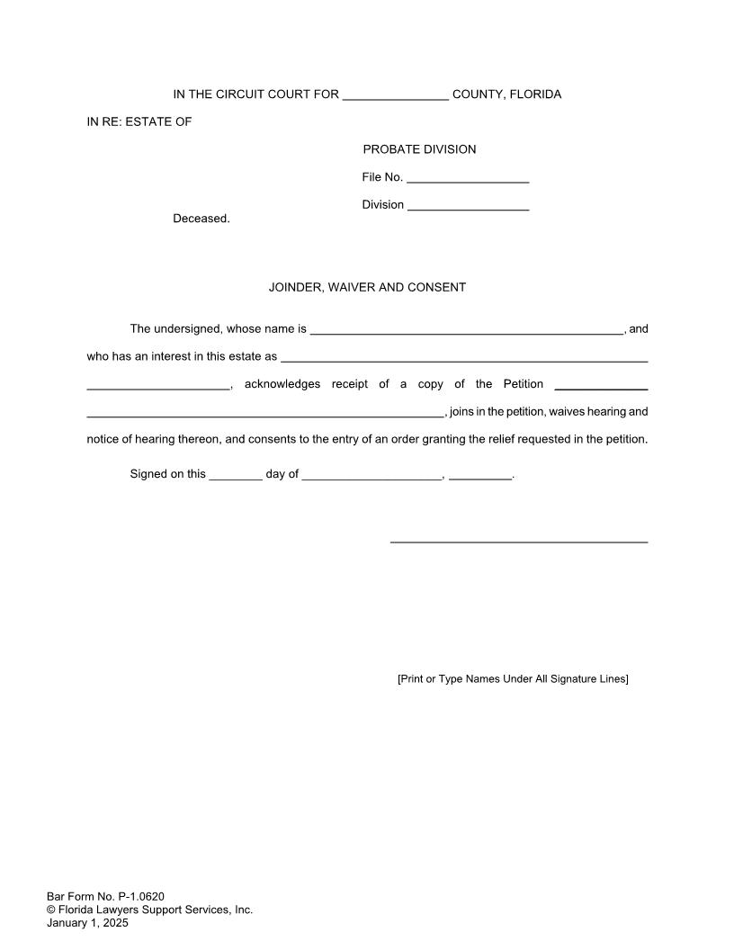 Joinder Waiver And Consent {P-1.0620} | Pdf Fpdf Doc Docx | FLSSI Probate