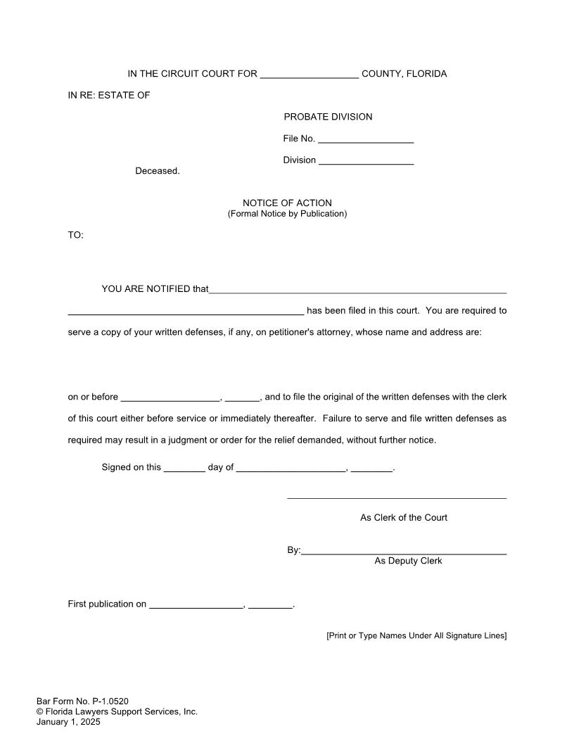 Notice Of Action Formal Notice By Publication {P-1.0520} | Pdf Fpdf Doc Docx | FLSSI Probate