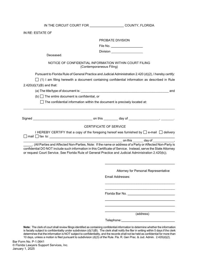 Notice Of Confidential Information Within Court Filing (Contemporaneous Filing) {P-1.0641} | Pdf Fpdf Doc Docx | FLSSI Probate