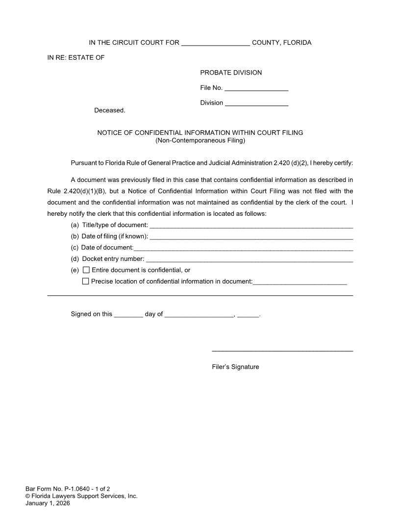 Notice Of Confidential Information Within Court Filing (Non-Contemporaneous Filing) {P-1.0640} | Pdf Fpdf Docx | FLSSI Probate