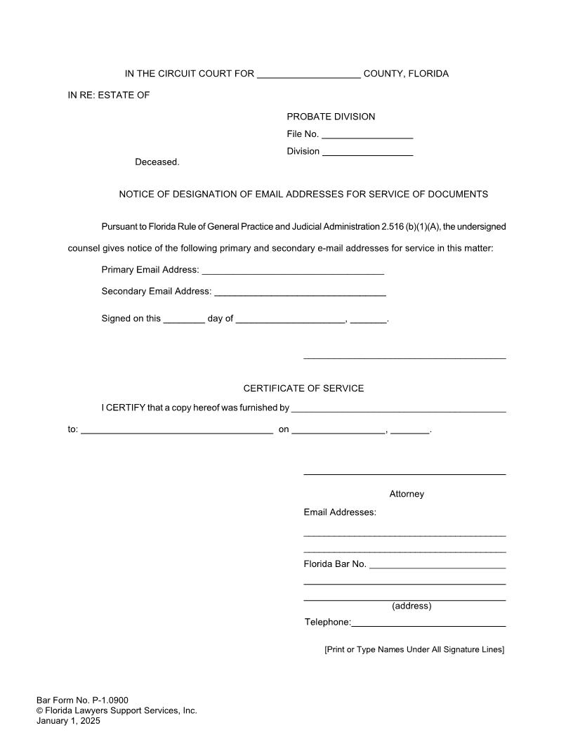 Notice Of Designation Of Email Addresses For Service Of Documents {P-1.0900} | Pdf Fpdf Doc Docx | FLSSI Probate