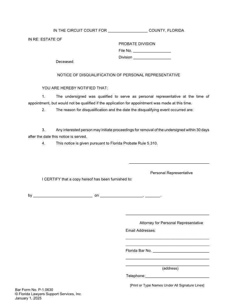 Notice Of Disqualification Of Personal Representative {P-1.0630} | Pdf Fpdf Doc Docx | FLSSI Probate