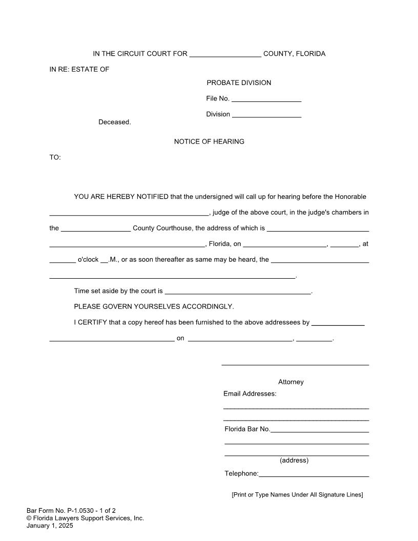 Notice Of Hearing {P-1.0530} | Pdf Fpdf Doc Docx | FLSSI Probate