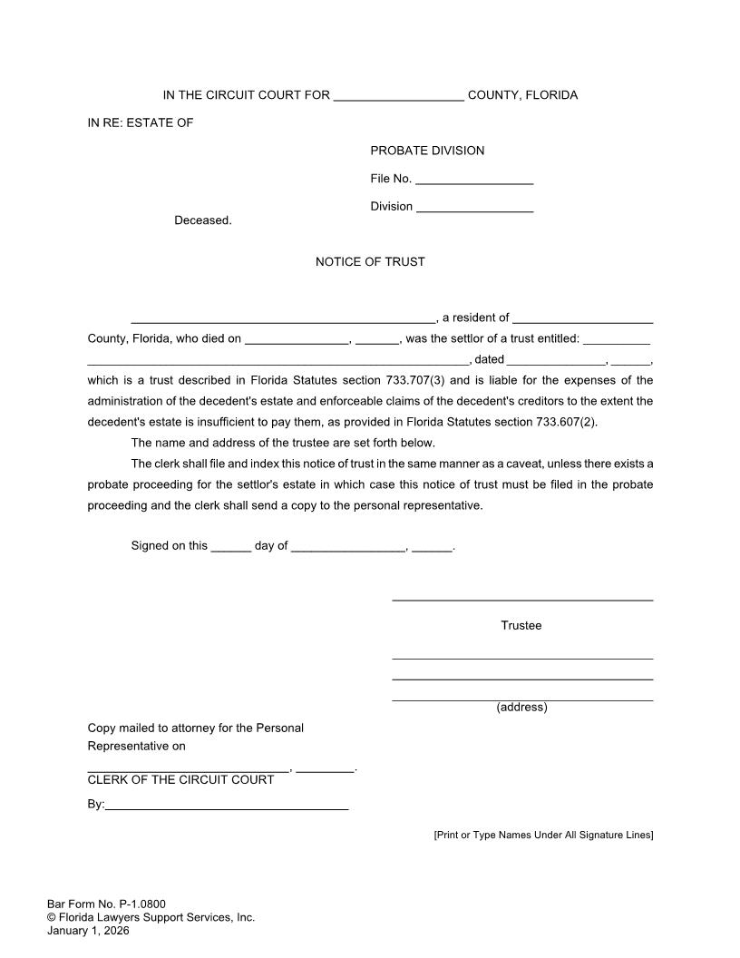 Notice Of Trust (Probate) {P-1.0800} | Pdf Fpdf Docx | FLSSI Probate