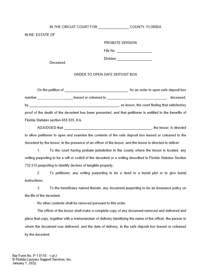 Order To Open Safe Deposit Box {P-1.0110} | Pdf Fpdf Doc Docx | FLSSI Probate